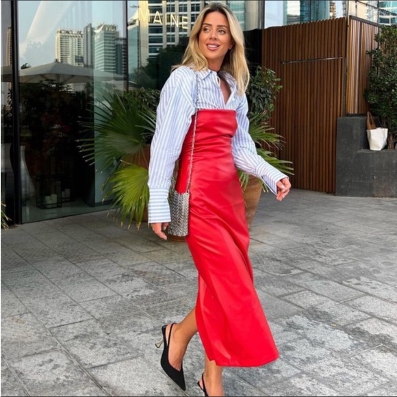 NWT Zara Red Faux Leather Strapless Midi Dress Xsmall - Picture 9 of 16